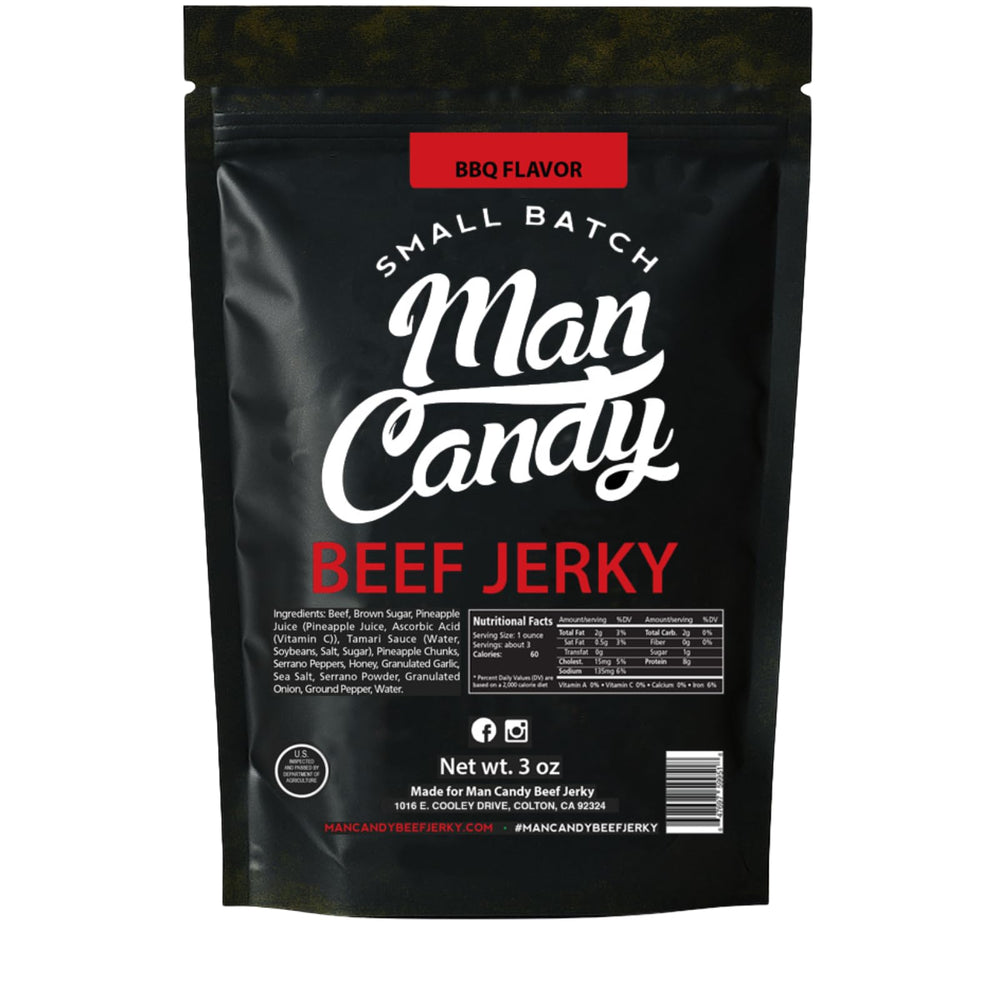 Man Candy front pack showing resealable 3 oz bag and bold logo for convenient snacking