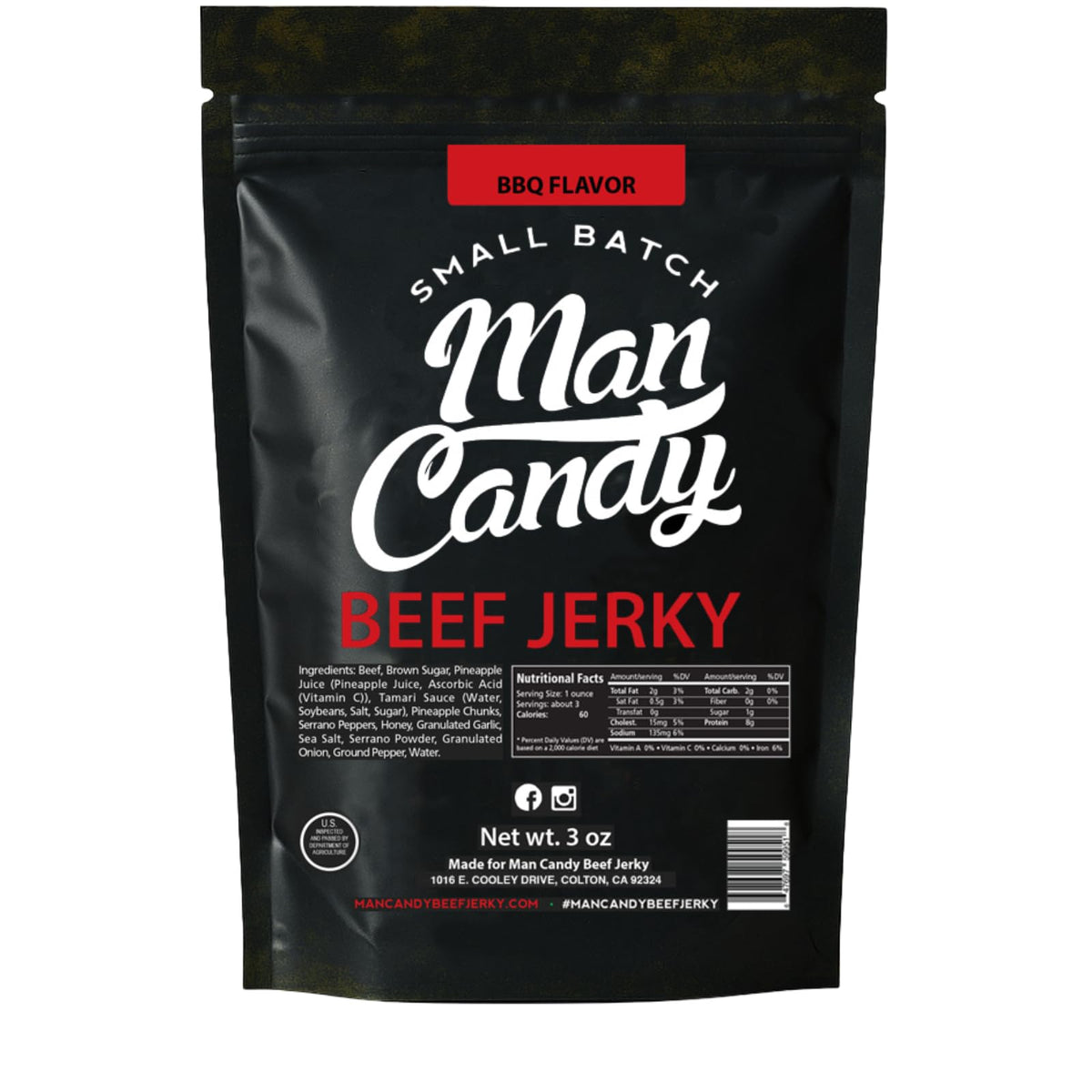 Man Candy front pack showing resealable 3 oz bag and bold logo for convenient snacking