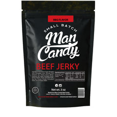 Man Candy front pack showing resealable 3 oz bag and bold logo for convenient snacking