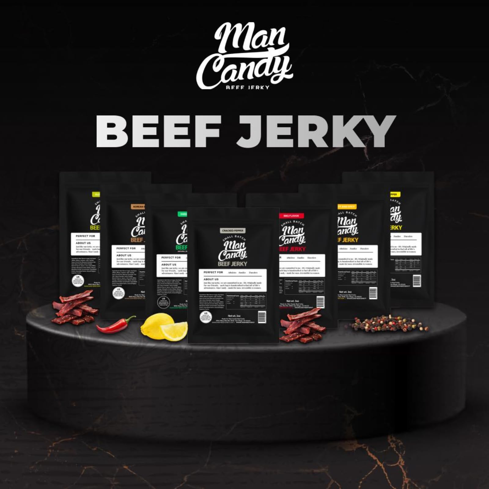 Man Candy marination detail showing seasoned beef strips to convey handcrafted flavor