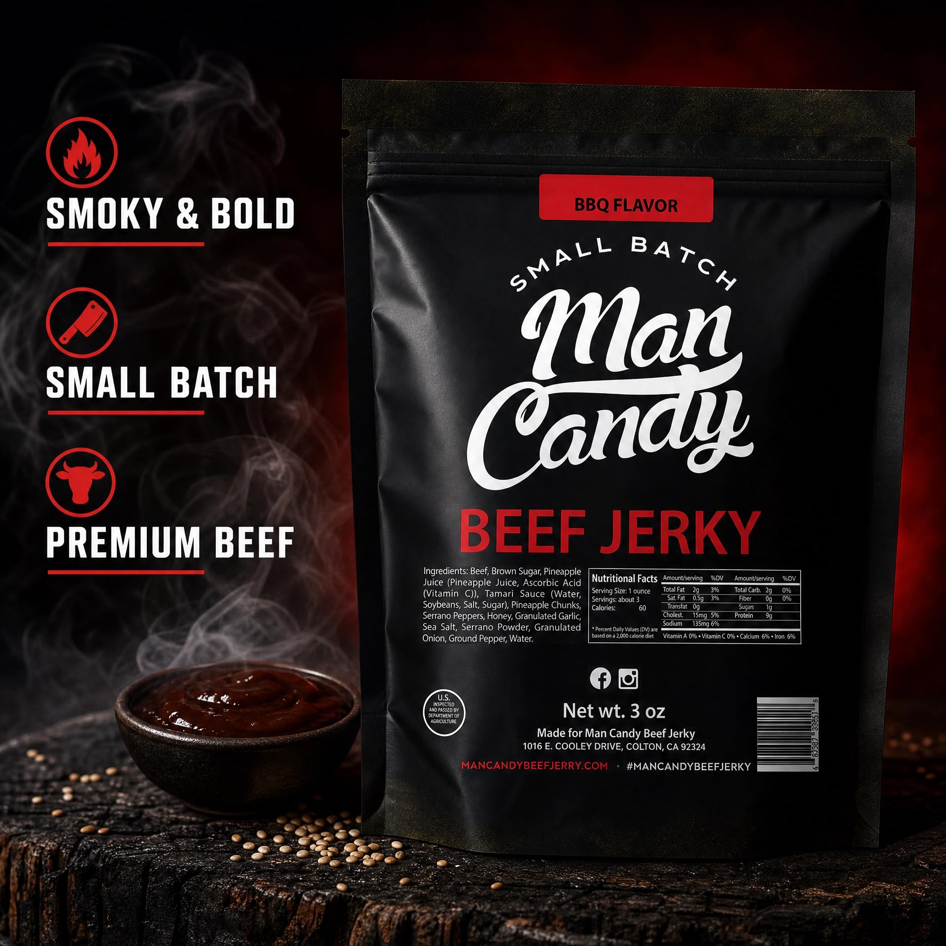 Man Candy open pouch revealing smoky-sweet jerky pieces ready to eat for quick fuel