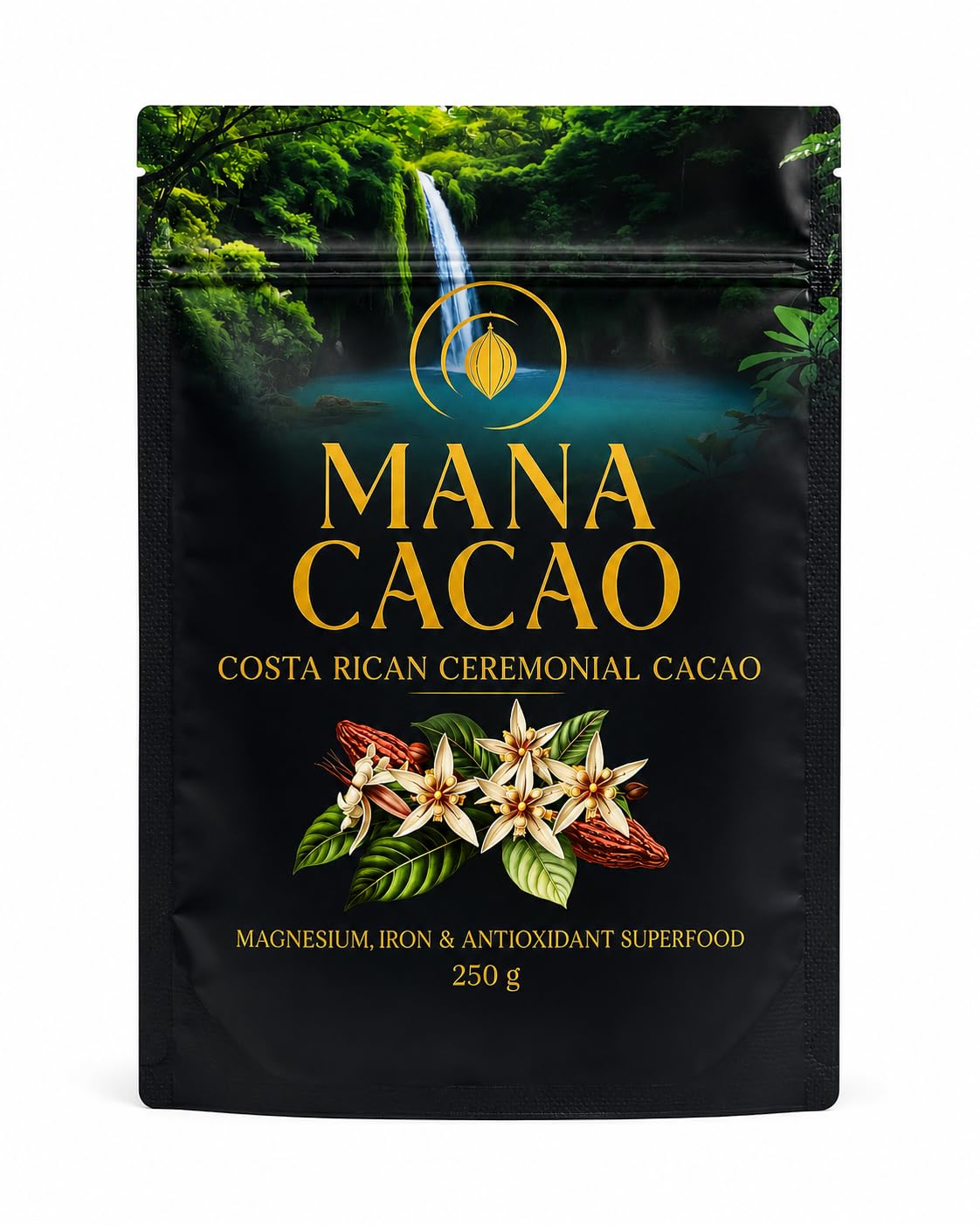 Mana Cacao front packaging showing single-origin Costa Rica and artisanal benefits