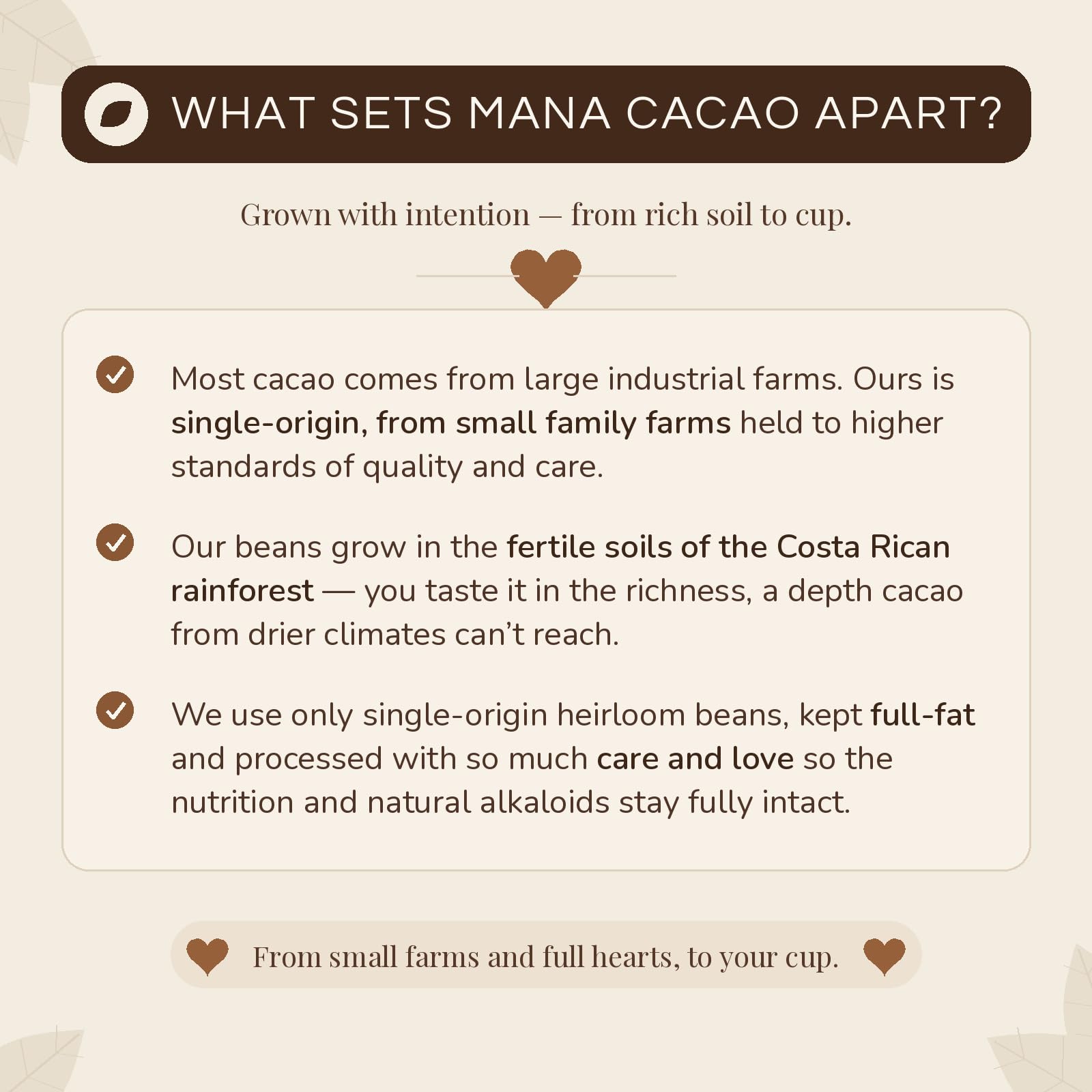 Mana Cacao label detail highlighting Costa Rican origin and minimal processing