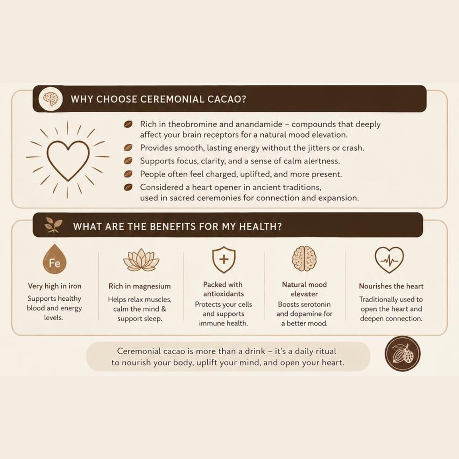 Mana Cacao dissolved in cup demonstrating smooth drinkability and energy clarity