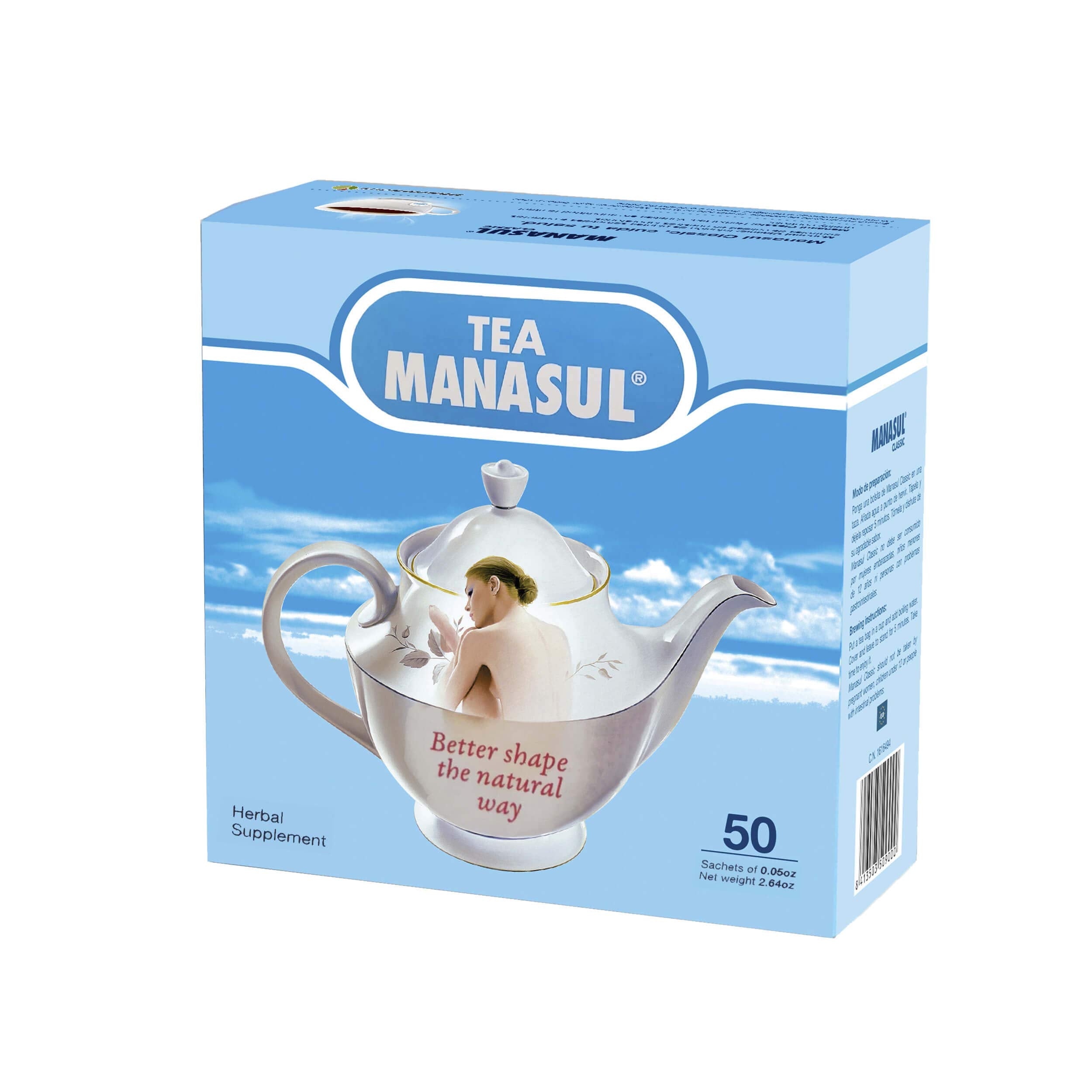 MANASUL front packaging showing 50 sachets and organic claims for convenience