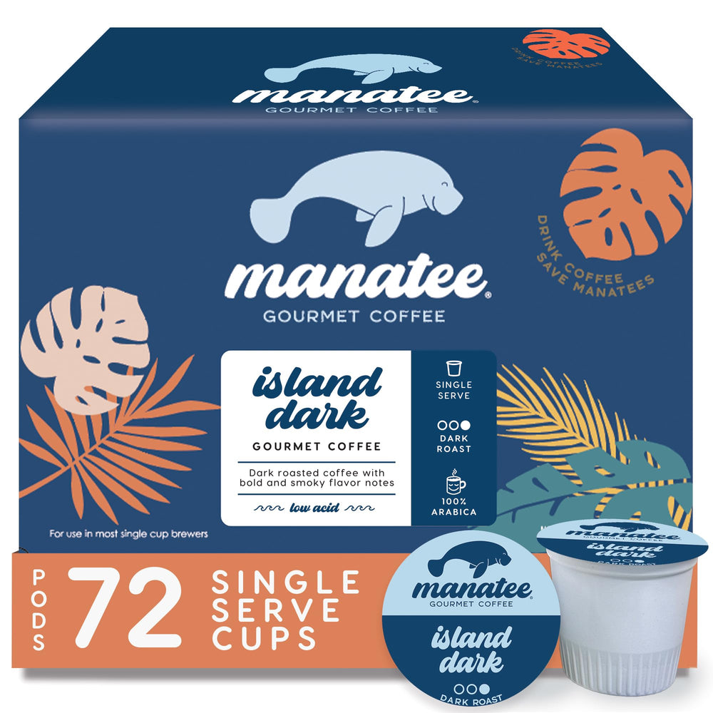 Manatee Gourmet Coffee front packaging showing Island Dark roast and quantity benefit