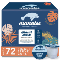 Manatee Gourmet Coffee front packaging showing Island Dark roast and quantity benefit