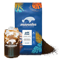Manatee Gourmet front packaging showing 2 lb bag and branding, highlights sustainable support