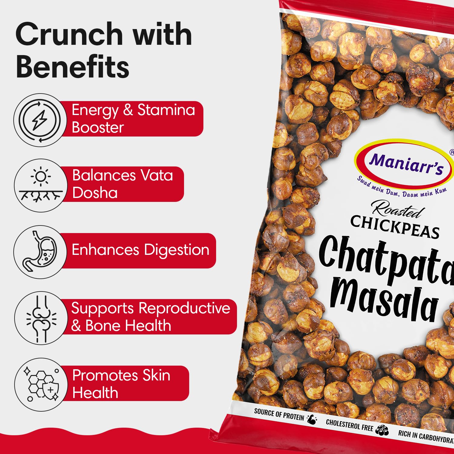 Maniarr's close-up texture of crunchy roasted chickpeas highlighting satisfying crispiness