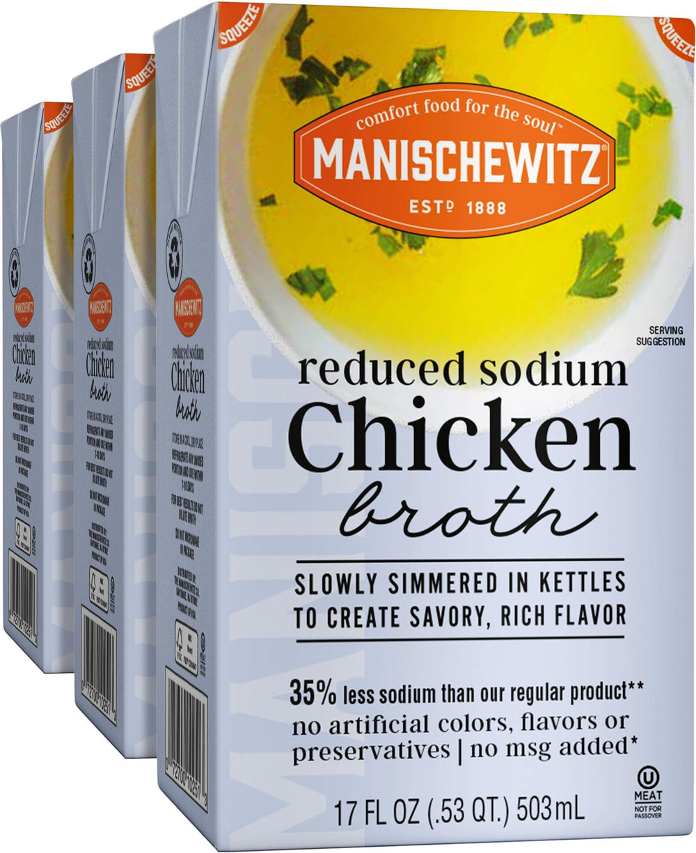 Manischewitz front carton view showing reduced sodium broth and brand clarity