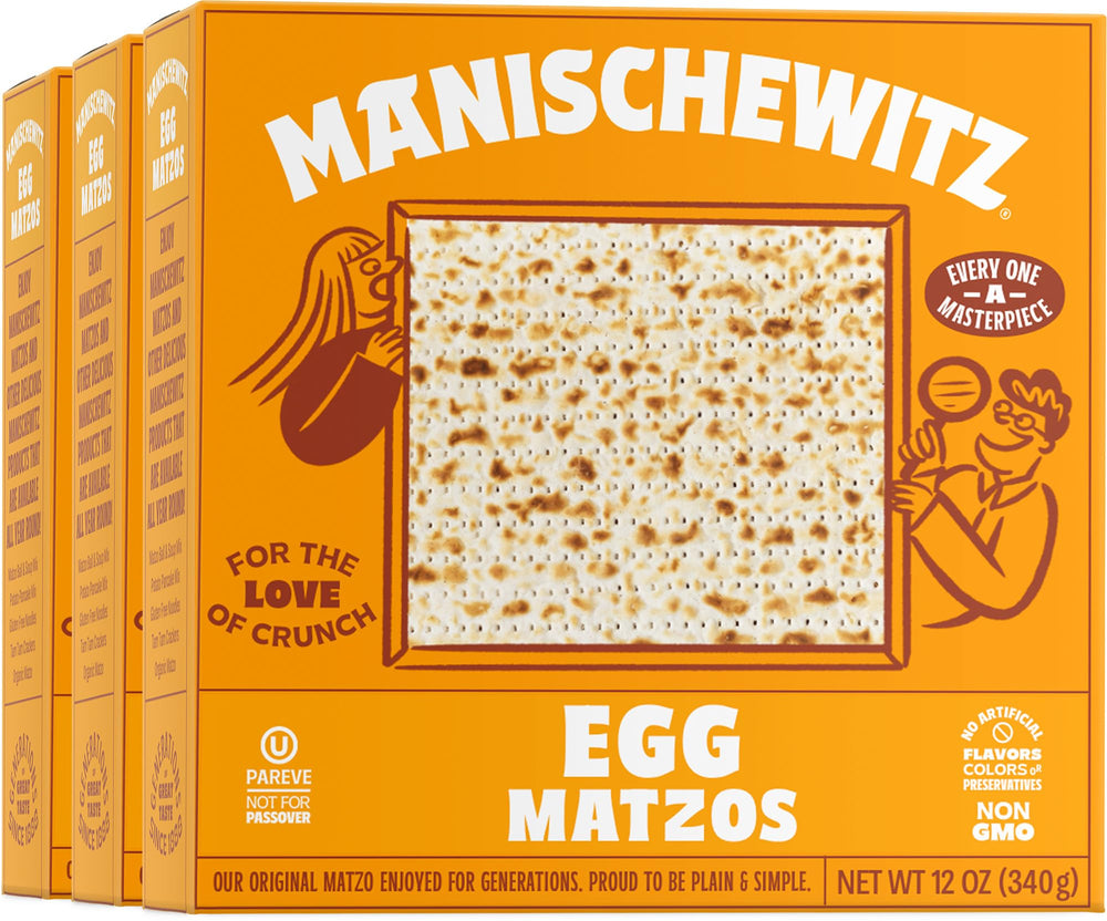 Manischewitz egg matzo front packaging showing three 12oz boxes and product branding
