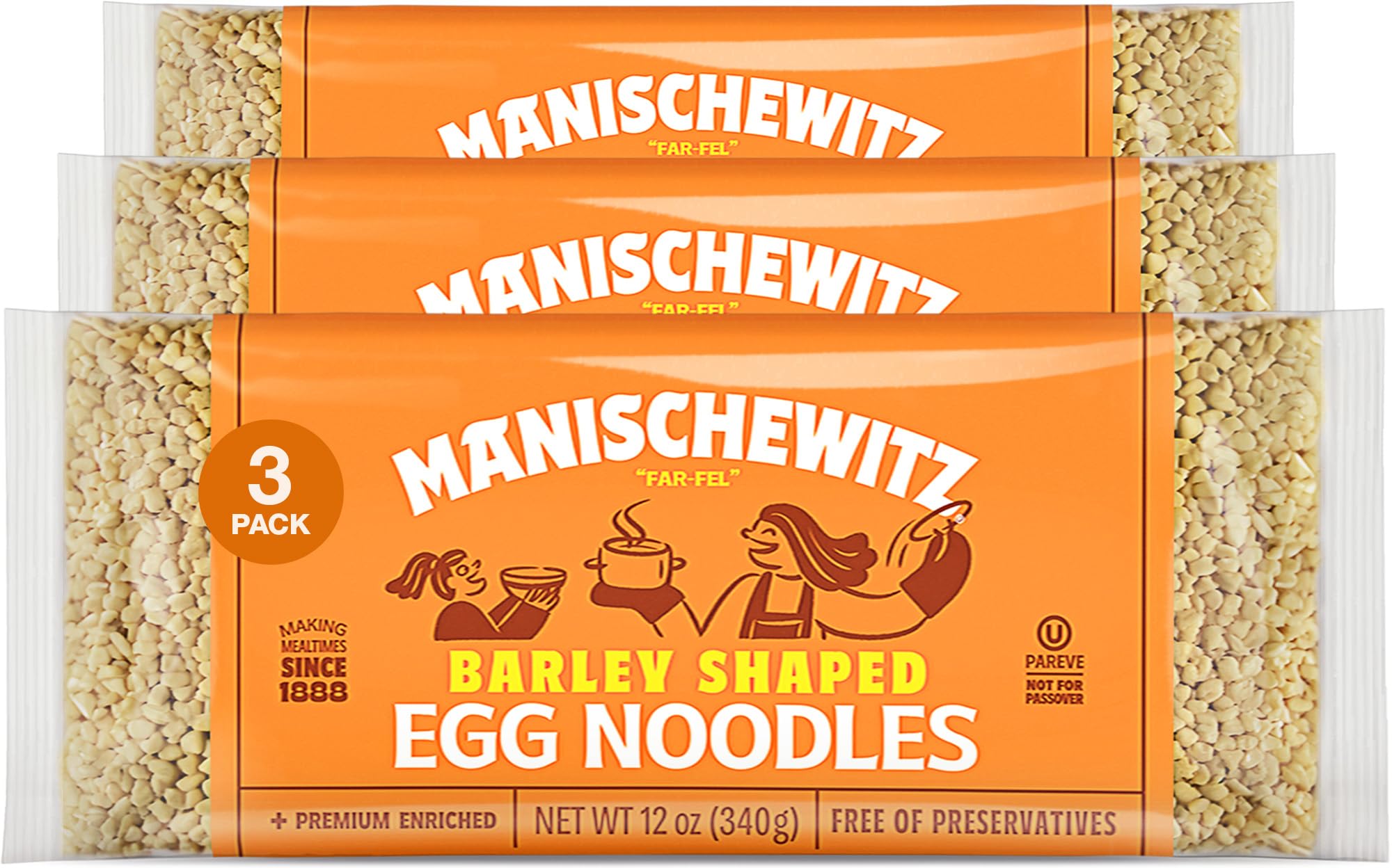 Manischewitz front packaging showing three 12 oz bags and homestyle noodles benefit pantry-ready servings