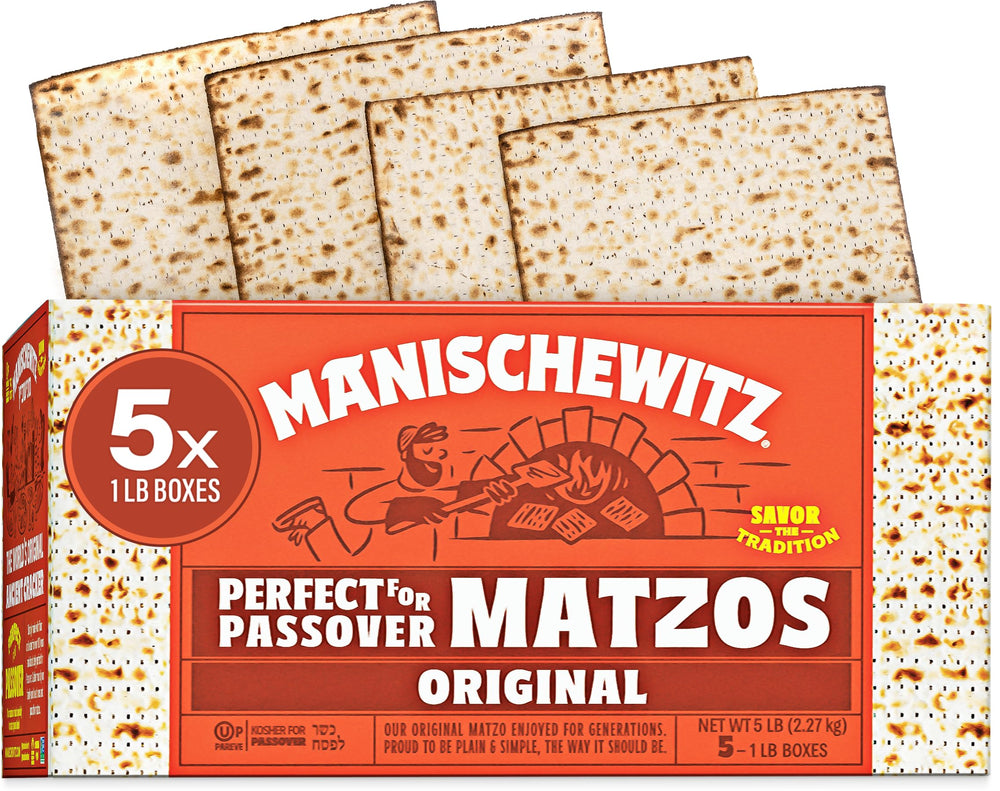 Manischewitz front packaging showing five boxed matzos and product details, convenient supply