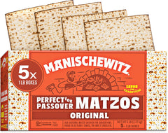 Manischewitz front packaging showing five boxed matzos and product details, convenient supply