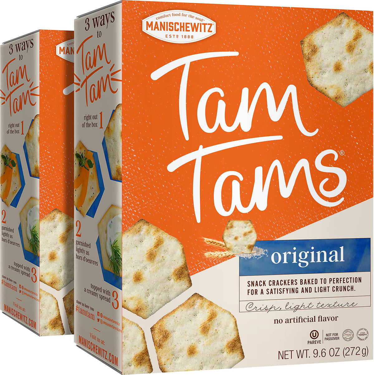 Manischewitz front packaging showing twin 9.6oz pack and clear branding, convenient pantry staple