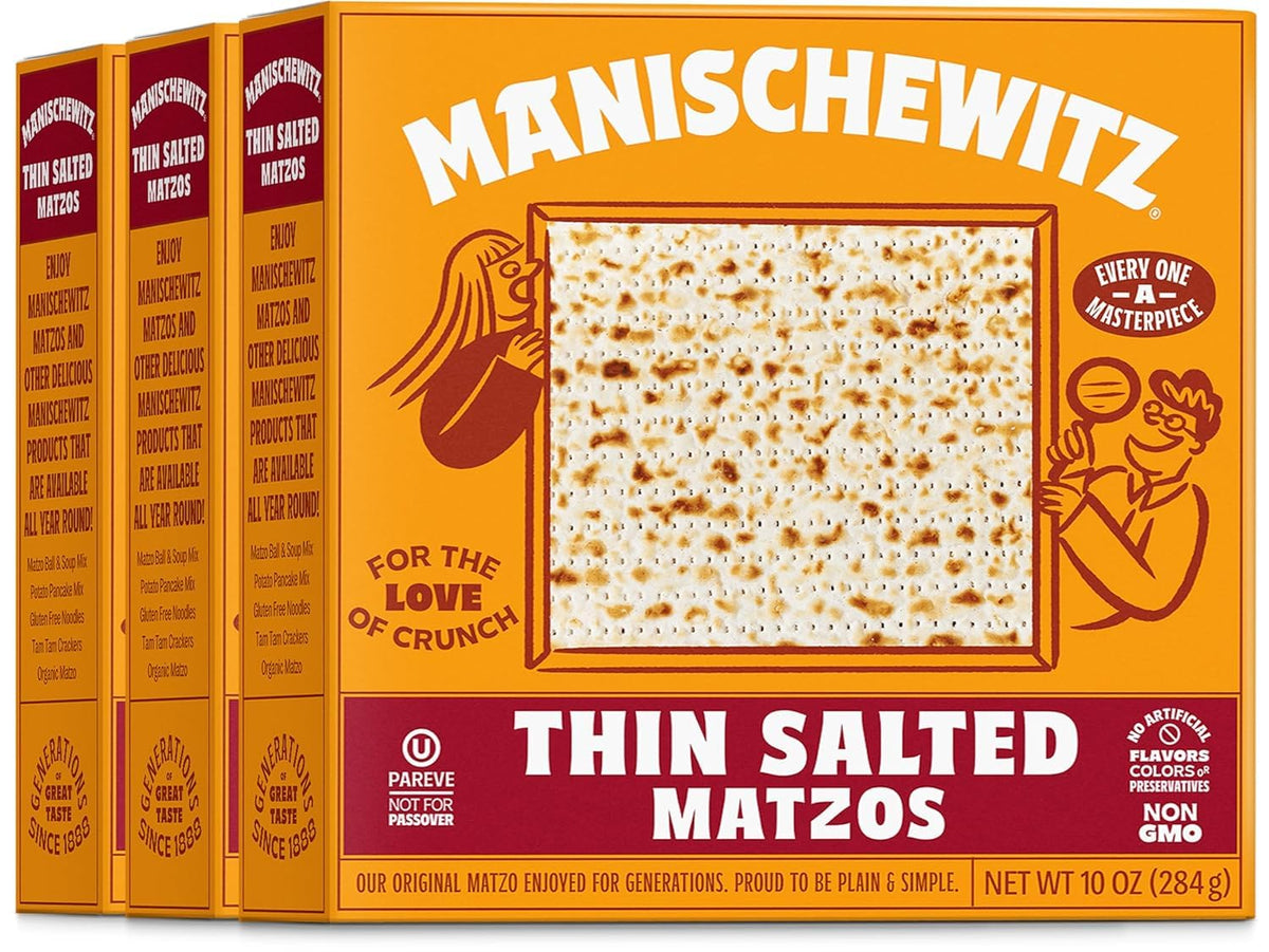 manischewitz front packaging showing three 10oz boxes and clear label benefit