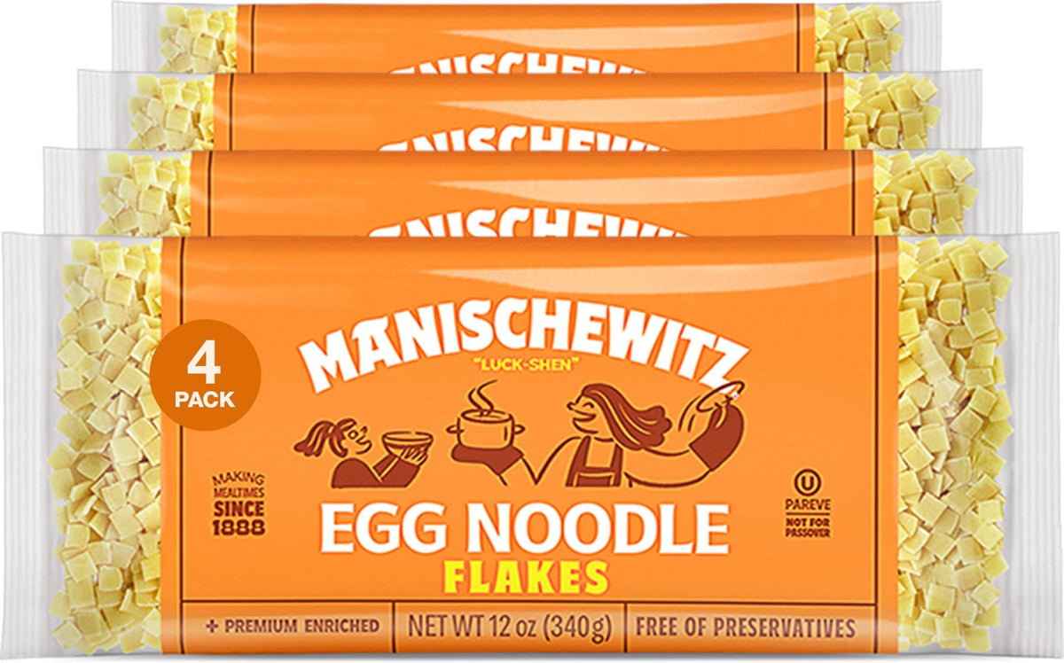 Manischewitz front packaging of 12oz egg flakes showing brand and product benefits