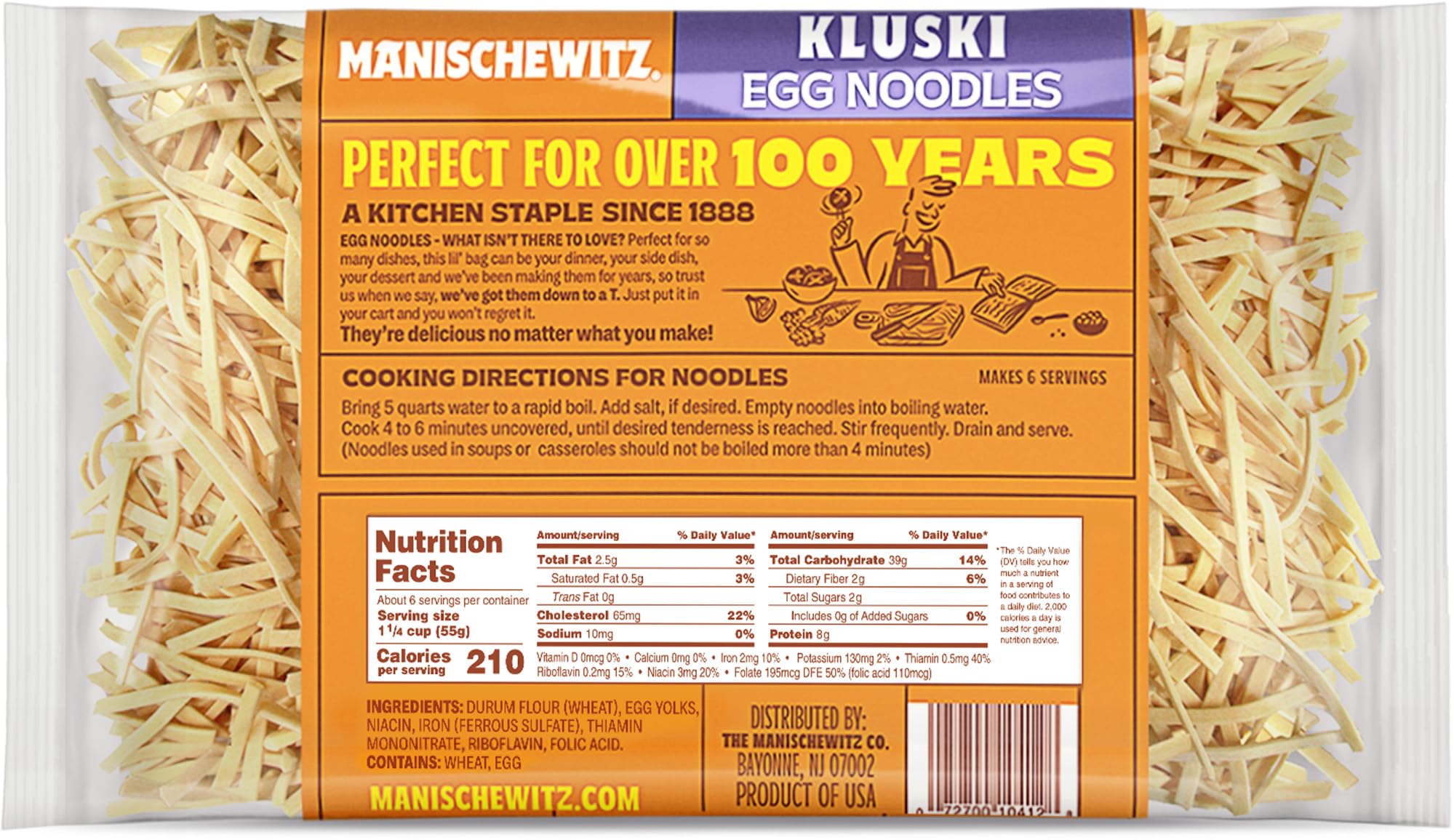 Manischewitz cooked kluski noodles in a bowl, thick texture adds comforting mouthfeel