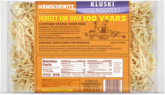 Manischewitz cooked kluski noodles in a bowl, thick texture adds comforting mouthfeel