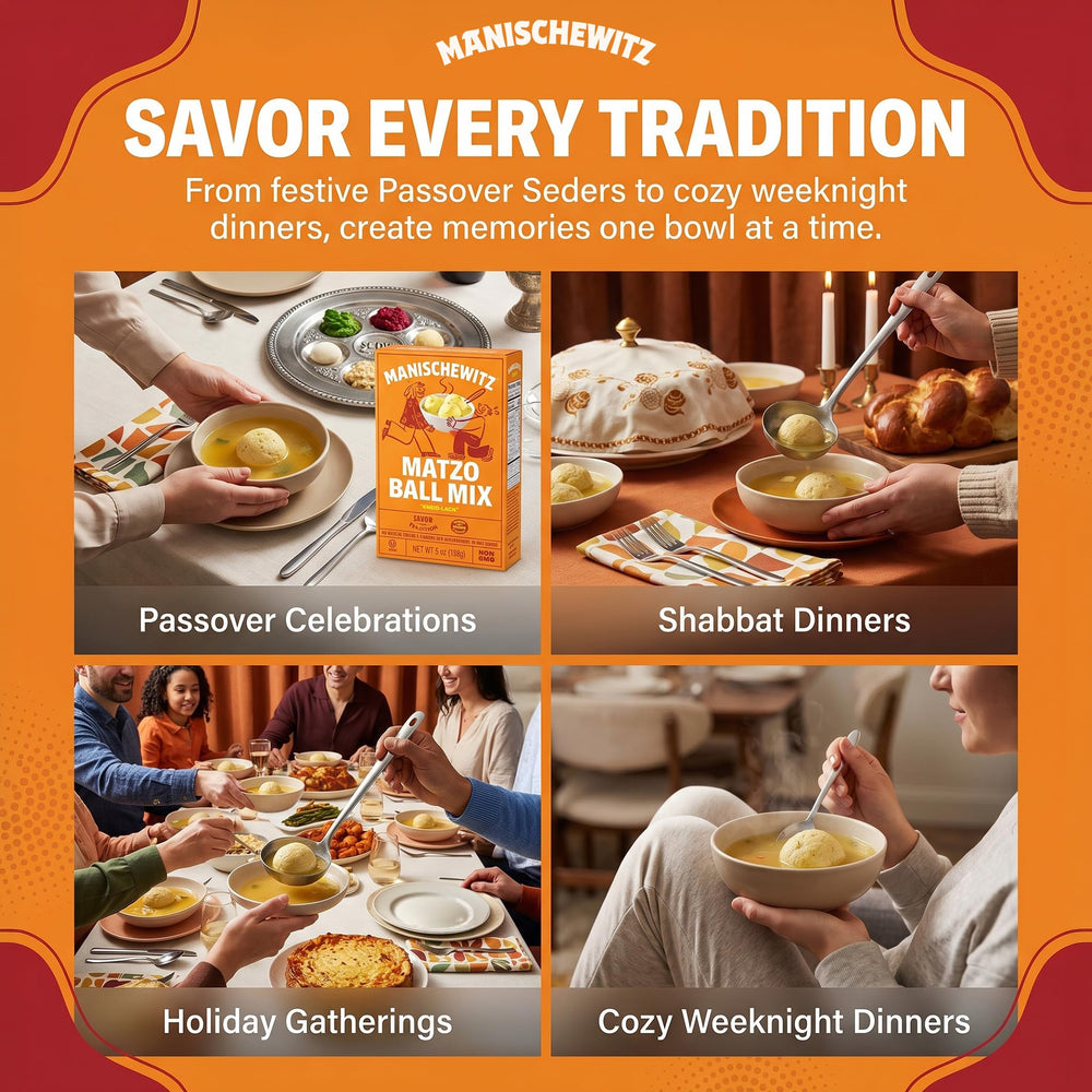 Manischewitz four 5 oz packs arranged for easy storage and meal planning