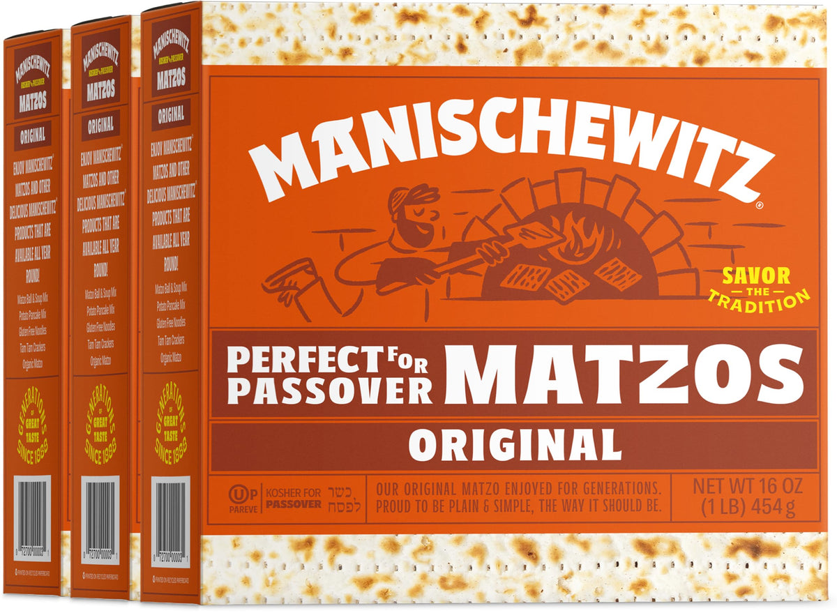 Manischewitz matzo front packaging showing three-box value pack and clear branding benefit: easy holiday stocking