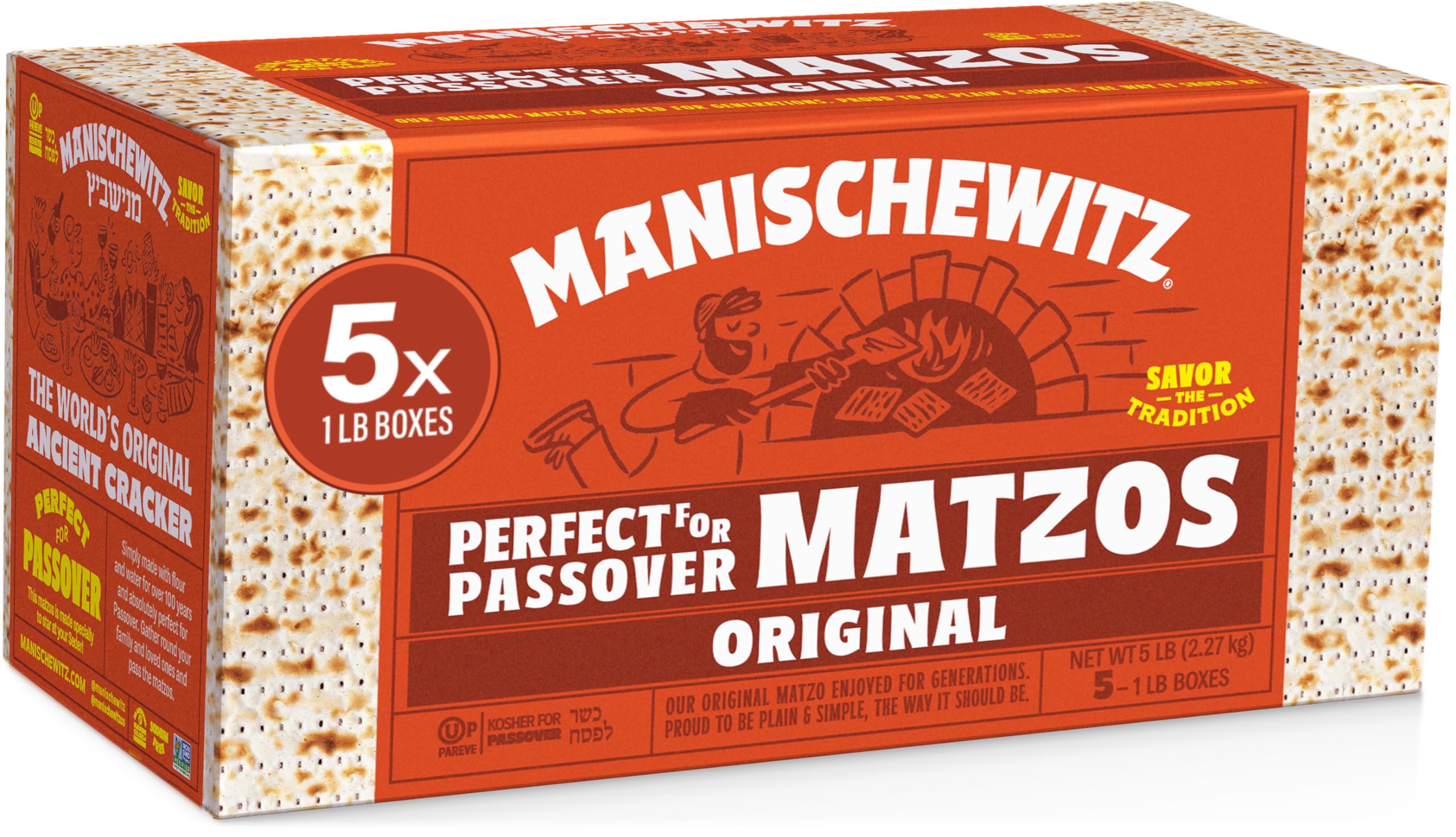 Manischewitz front packaging showing five 1lb boxes and brand trust