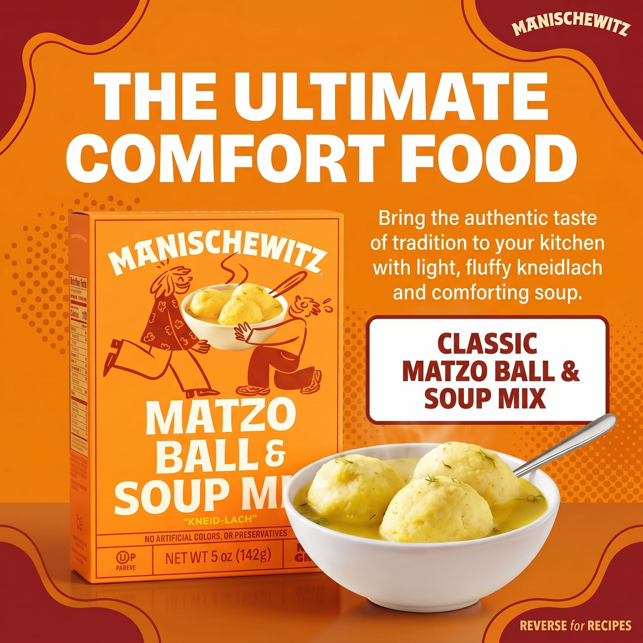 Manischewitz prepared matzo balls in soup demonstrating comforting ready-to-serve benefit