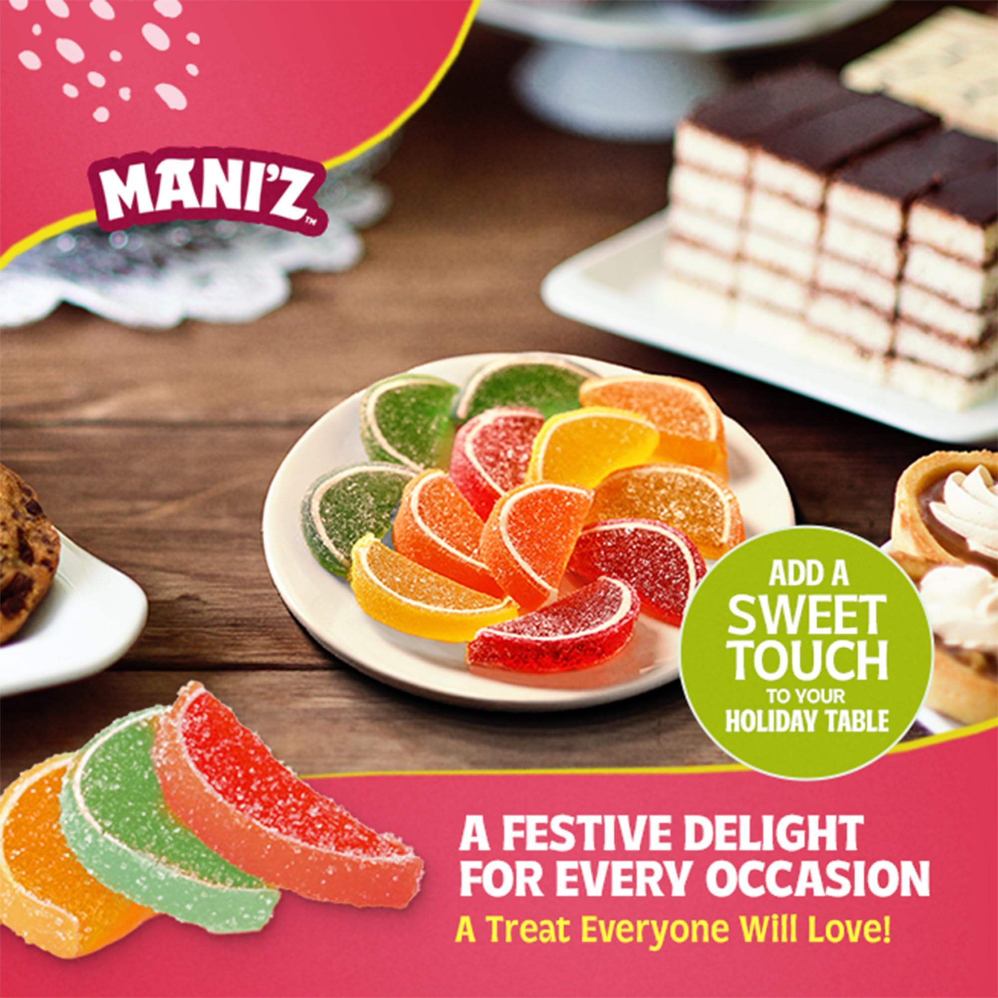 Manischewitz fruit slices arranged on a serving platter for desserts and garnishes