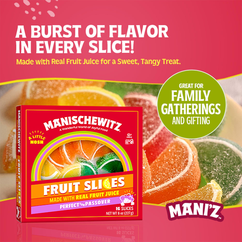 Close-up of Manischewitz candied fruit slices texture and sugar crystals for bright flavor