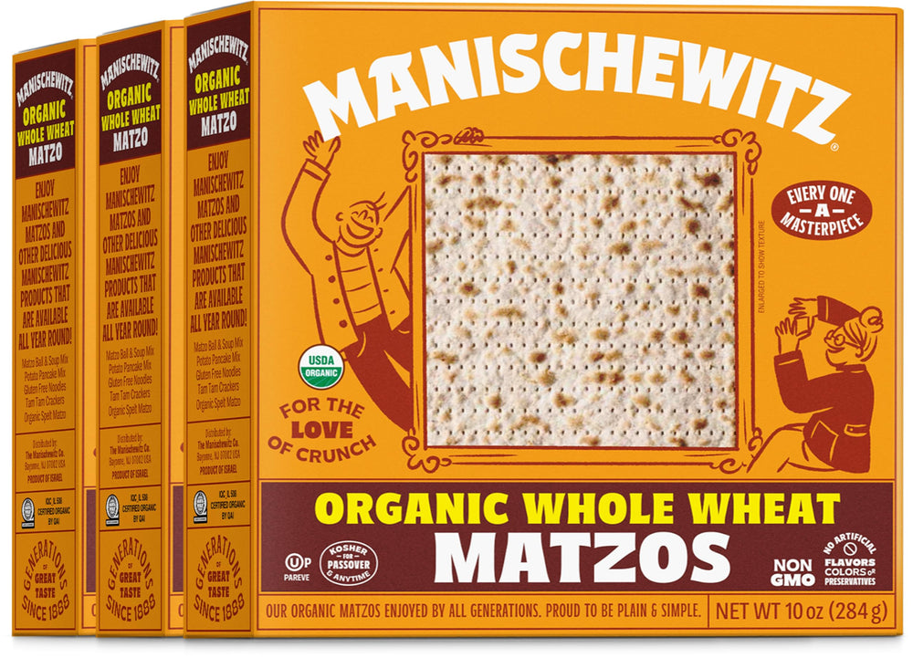 Manischewitz front packaging showing organic whole wheat matzos and certification benefits