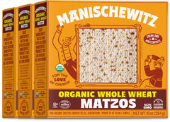 Manischewitz front packaging showing organic whole wheat matzos and certification benefits