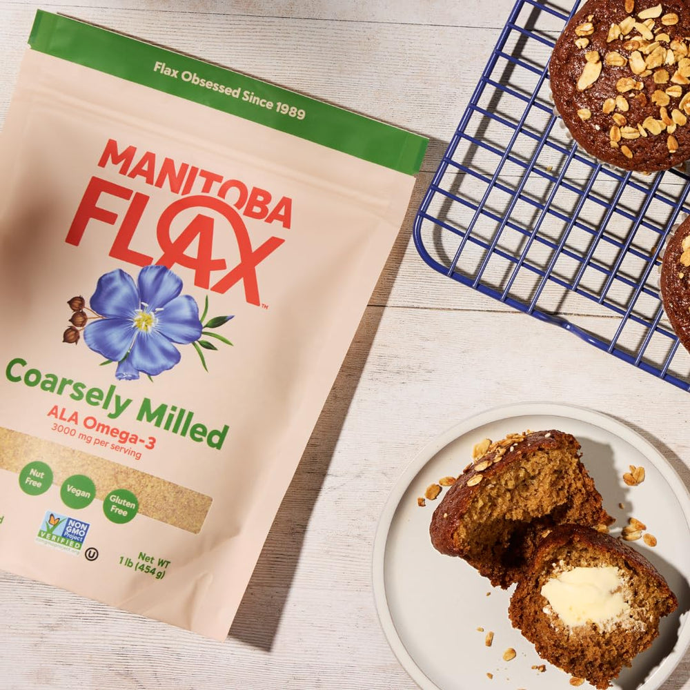 Manitoba Flax beside a kitchen scale demonstrating 1 lb portion and portion control