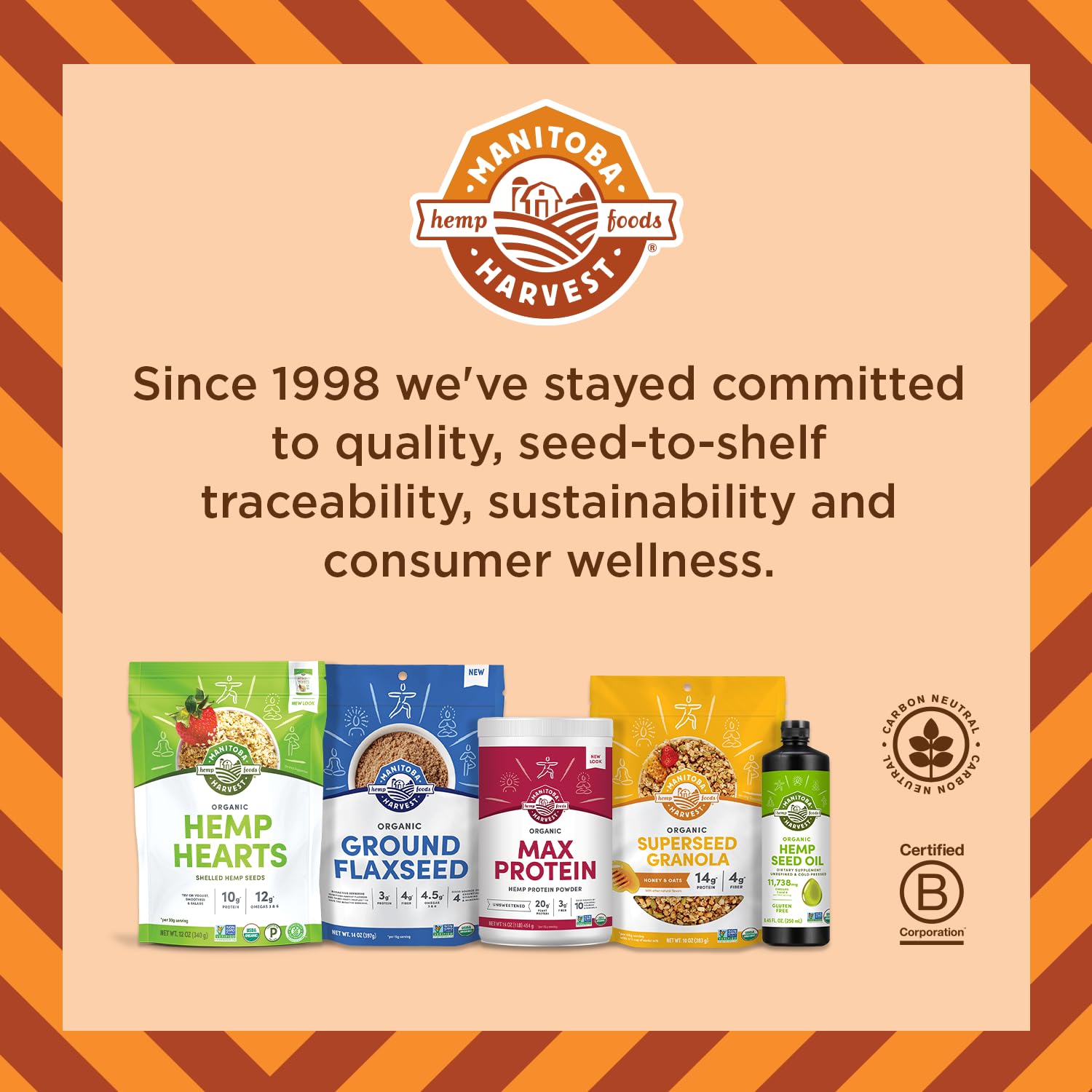 Stacked pack of 12 Manitoba Harvest pouches illustrating portion control and travel-ready