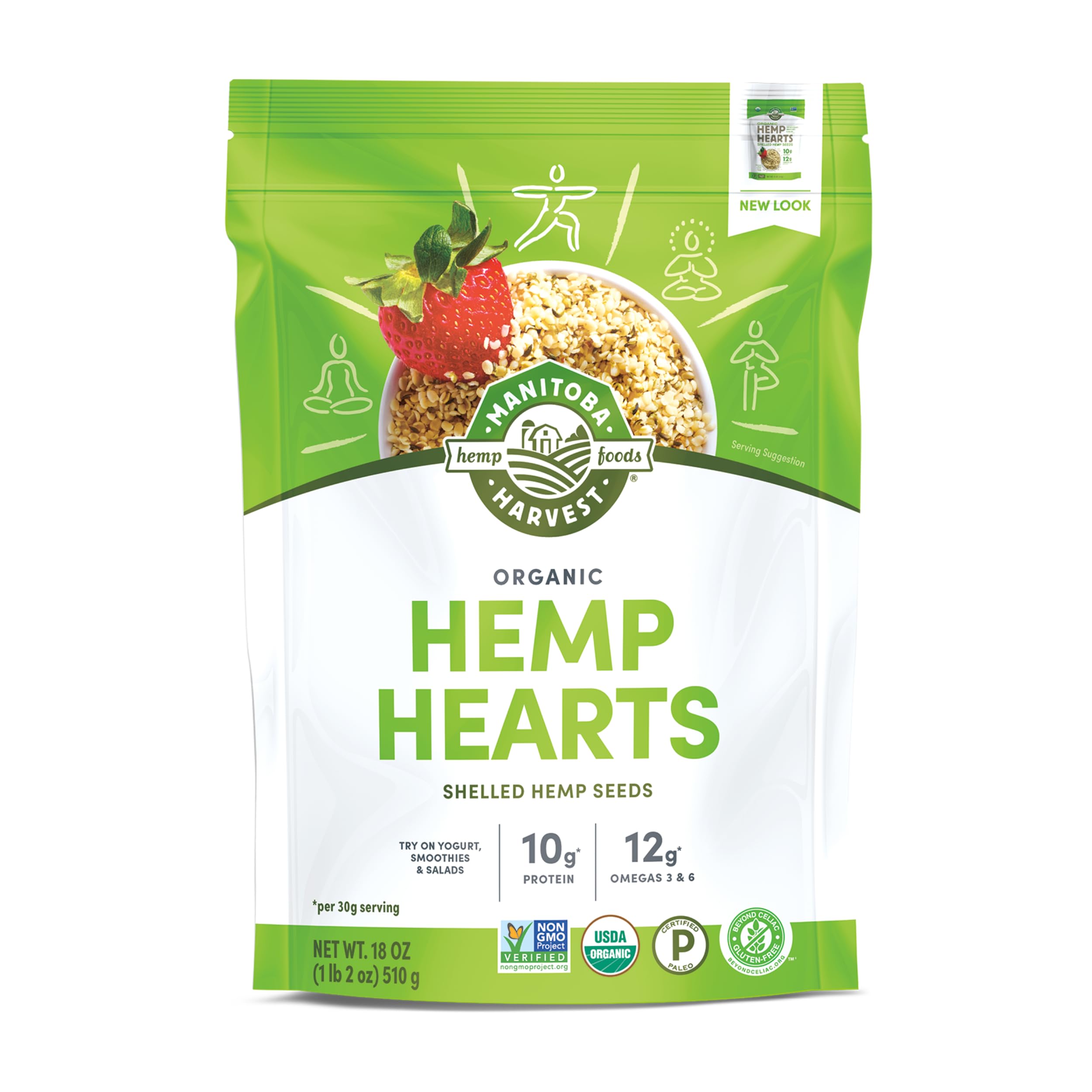 Manitoba Harvest front packaging showing organic 18 oz bag and branding benefit