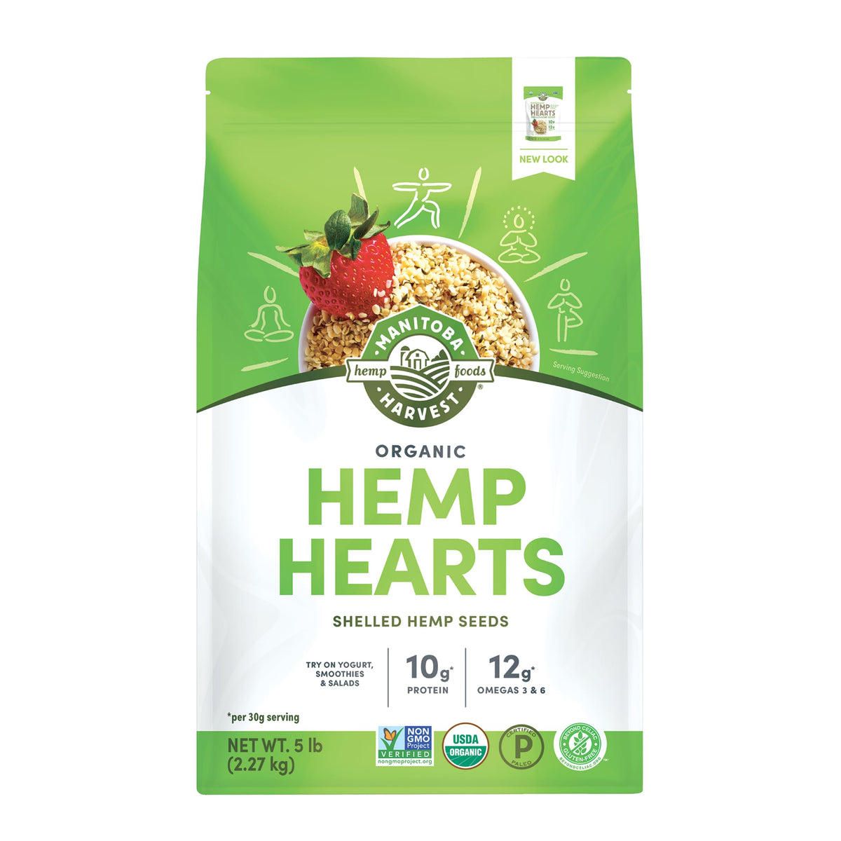 Manitoba Harvest front packaging showing 5 lb bag and branding benefit