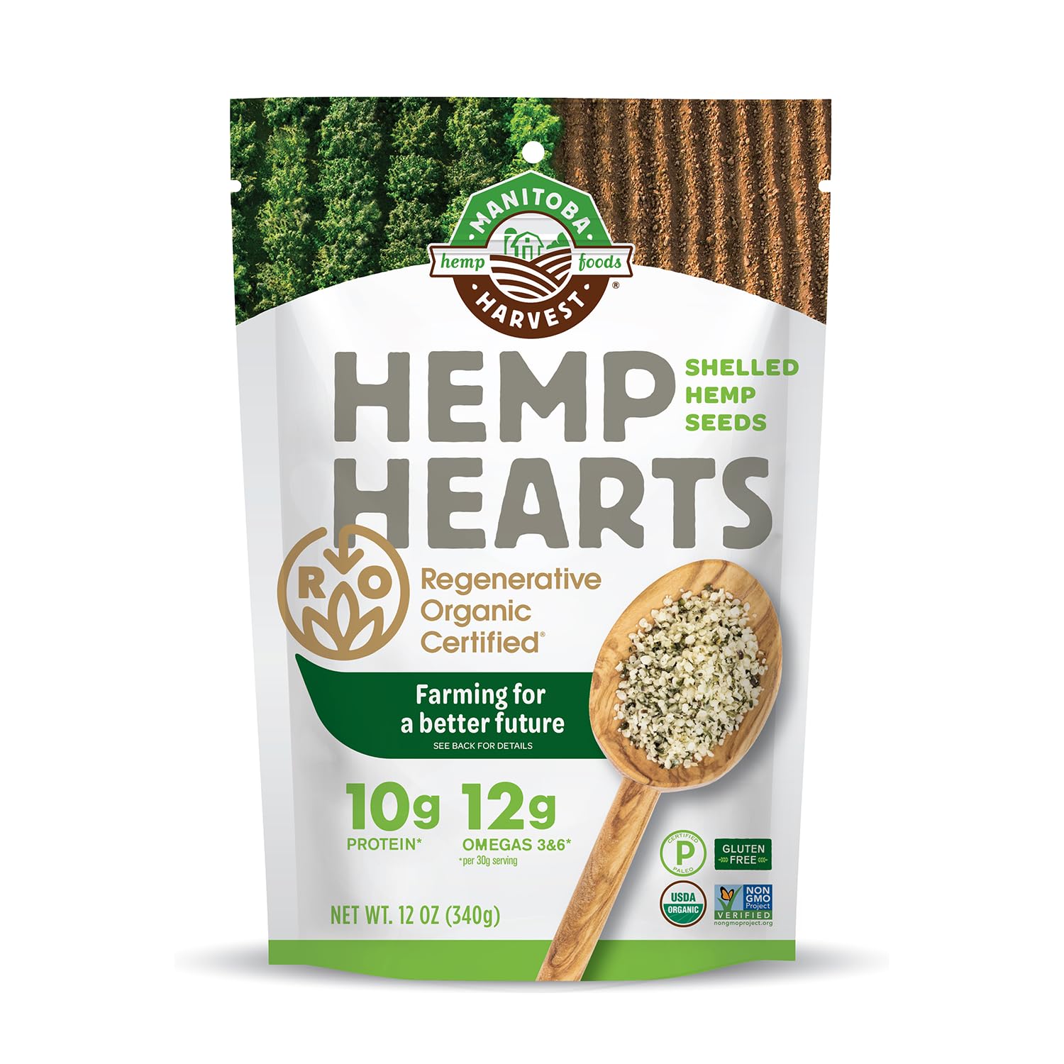 Manitoba Harvest front package showing organic hemp hearts and easy pantry use