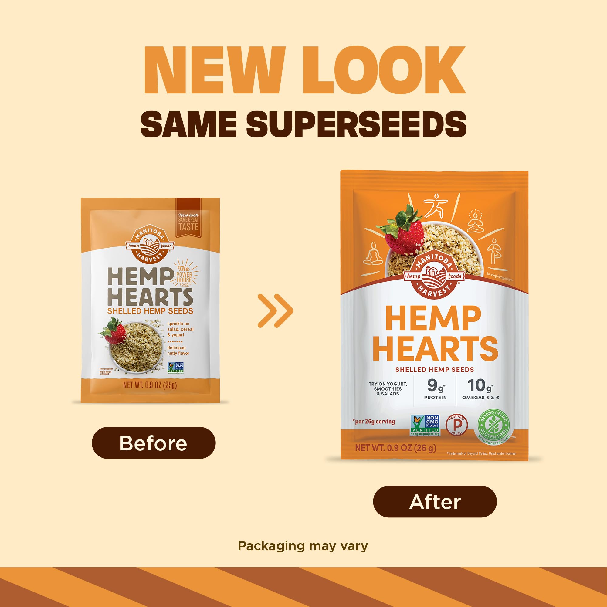 Manitoba Harvest open pouch with hemp hearts spilling out for quick meal boosts