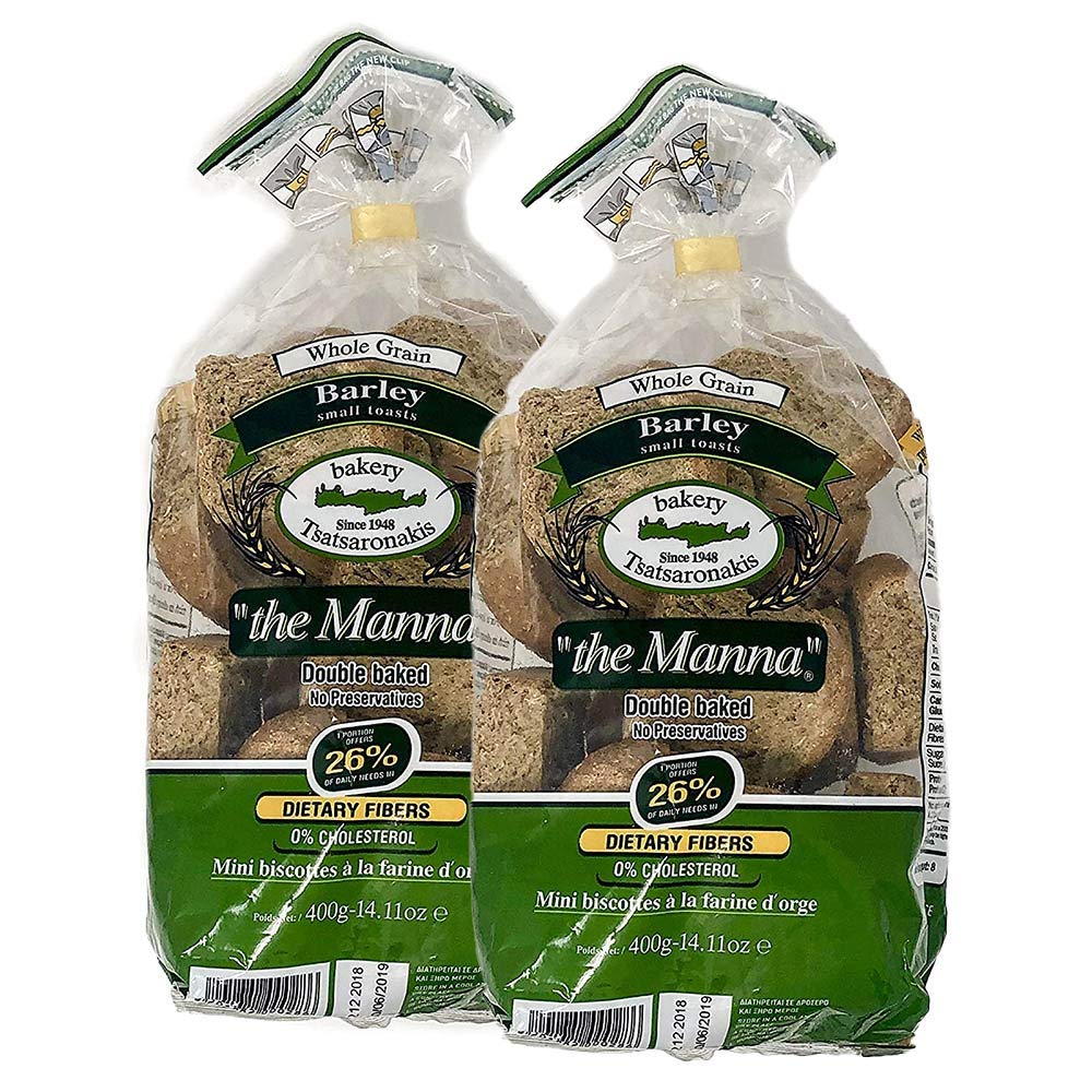 Manna Tsatsaronakis front packaging showing 2 x 400g pack and crisp texture benefits