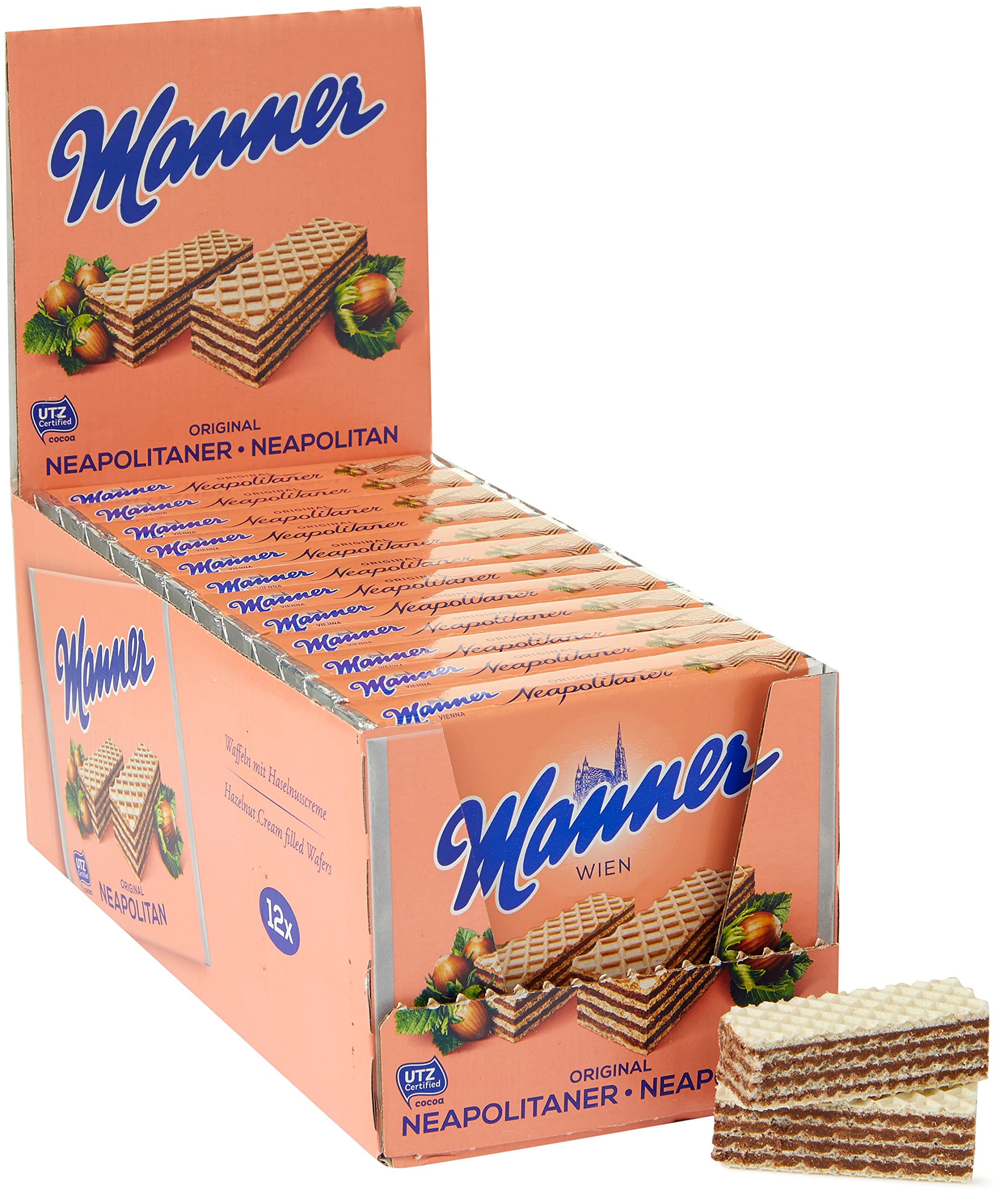 Manner front packaging showing 75 g wafer pack and brand for convenient snacking