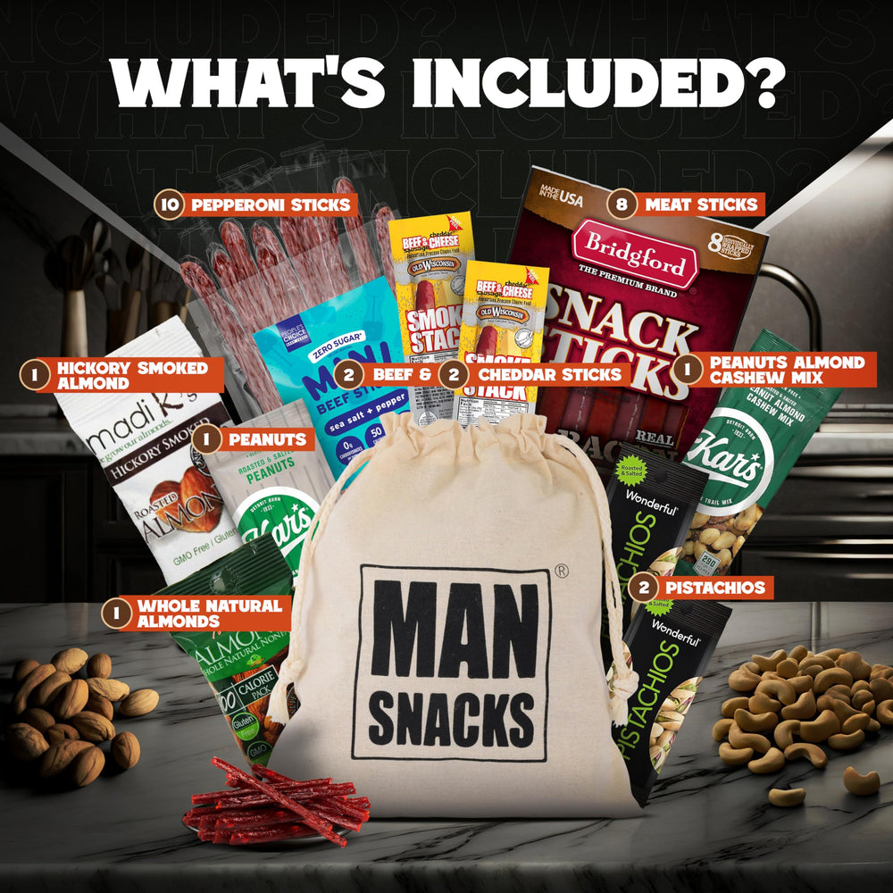 ManSnacks contents arranged flatlay highlighting variety and easy sharing