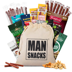 ManSnacks gift bag front view showing theme and reusable design benefit