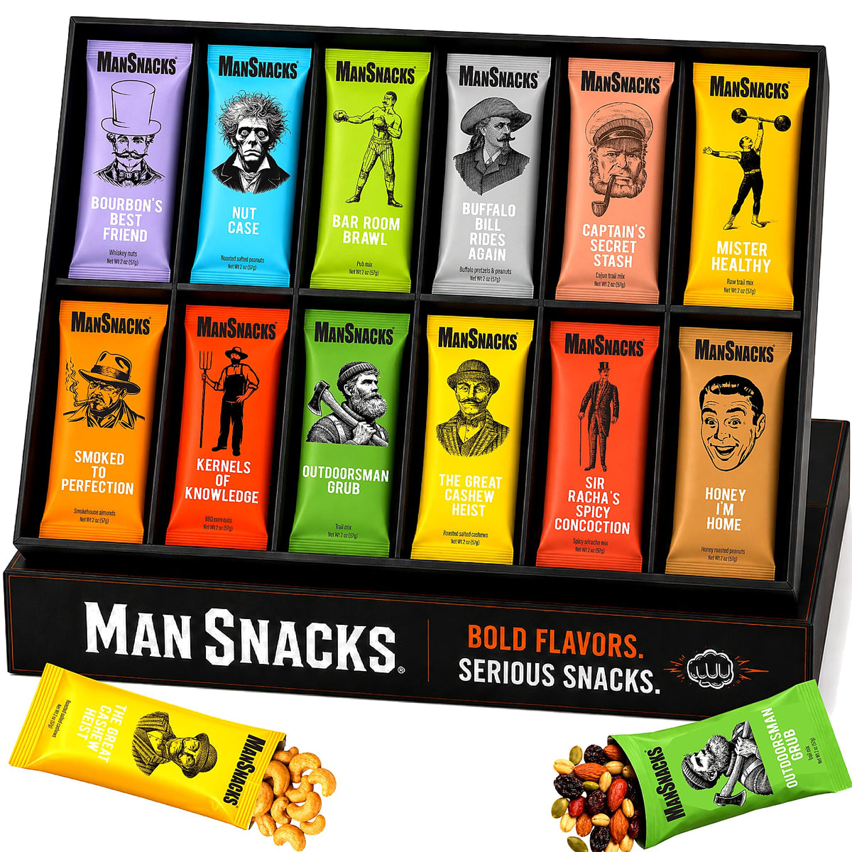 ManSnacks gift box front view showing twelve 2 oz packs, ideal for gifting