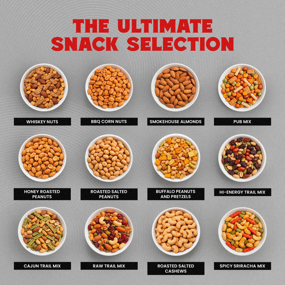 Open ManSnacks box displaying all twelve unique nut and trail-mix varieties for variety