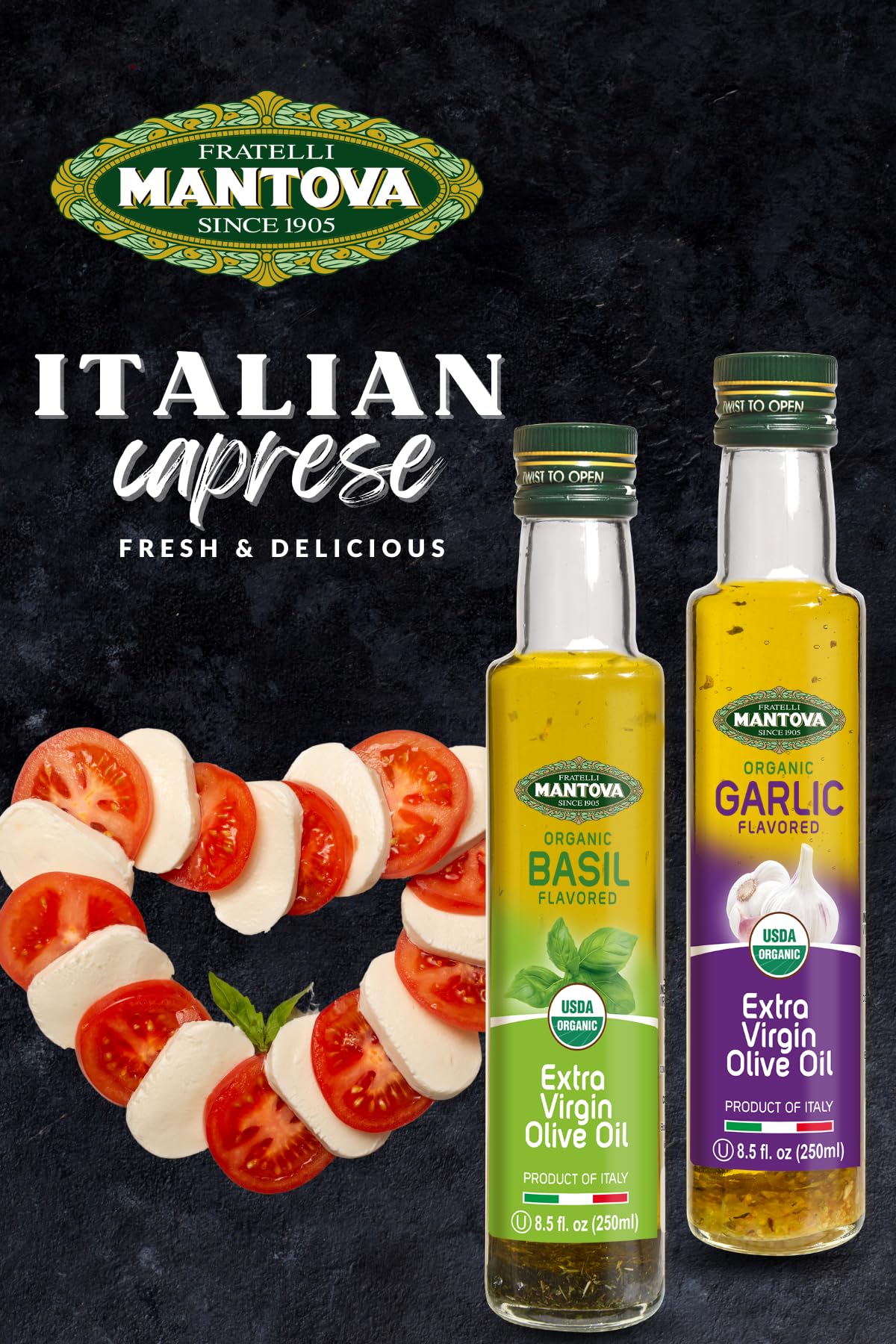 mantova basil bottle detail with fresh basil hint, benefit: bright herb flavor for salads