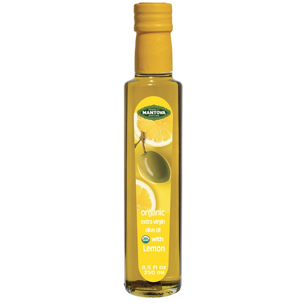 Mantova bottle front label showing organic lemon oil and Italian origin, enhances flavor