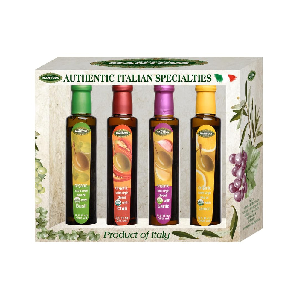 mantova front packaging showing four flavored olive oil bottles and elegant label benefit: clear product view