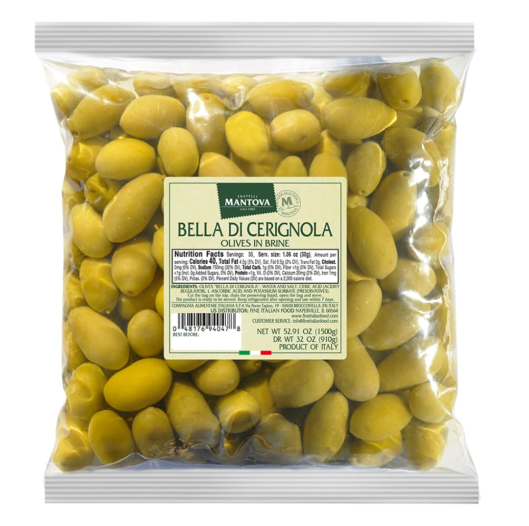 Mantova front packaging showing large Bella di Cerignola olives and Italian origin, perfect for antipasti