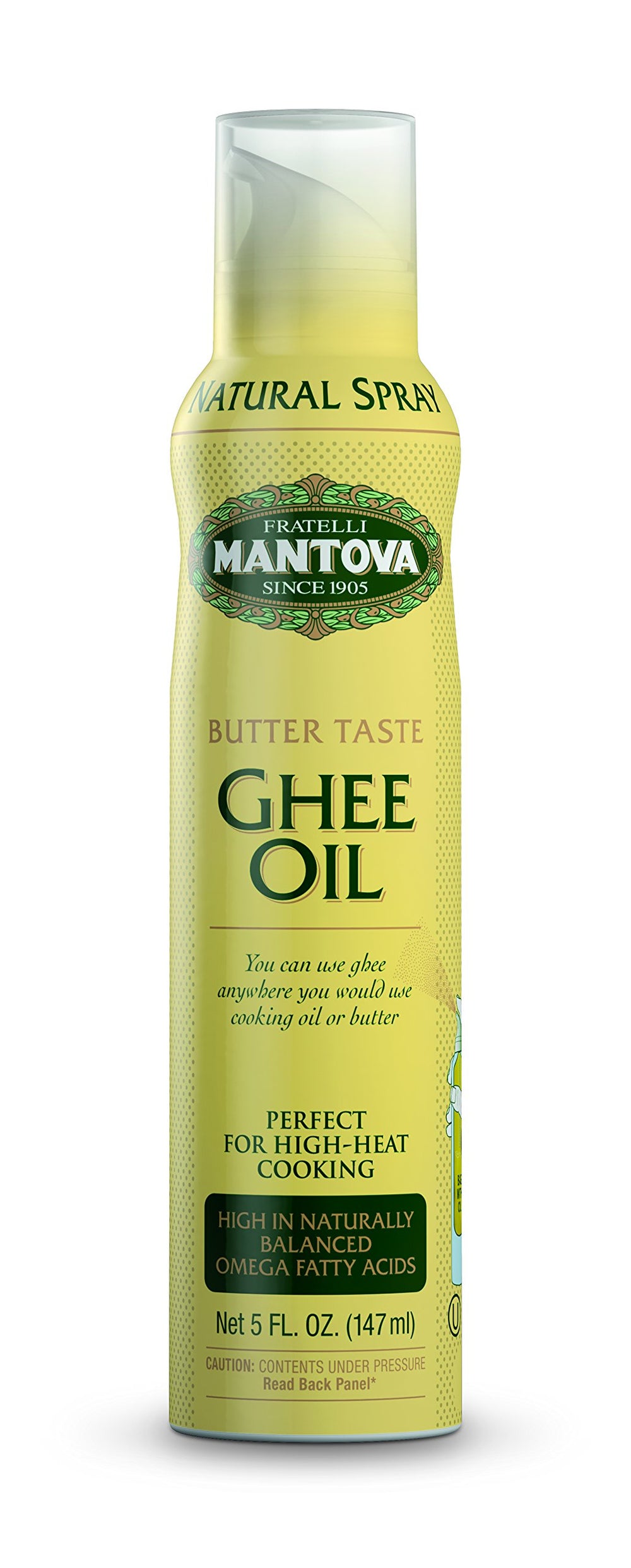 Mantova spray ghee butter front packaging showing label and 5 fl oz bottle benefit: convenient storage