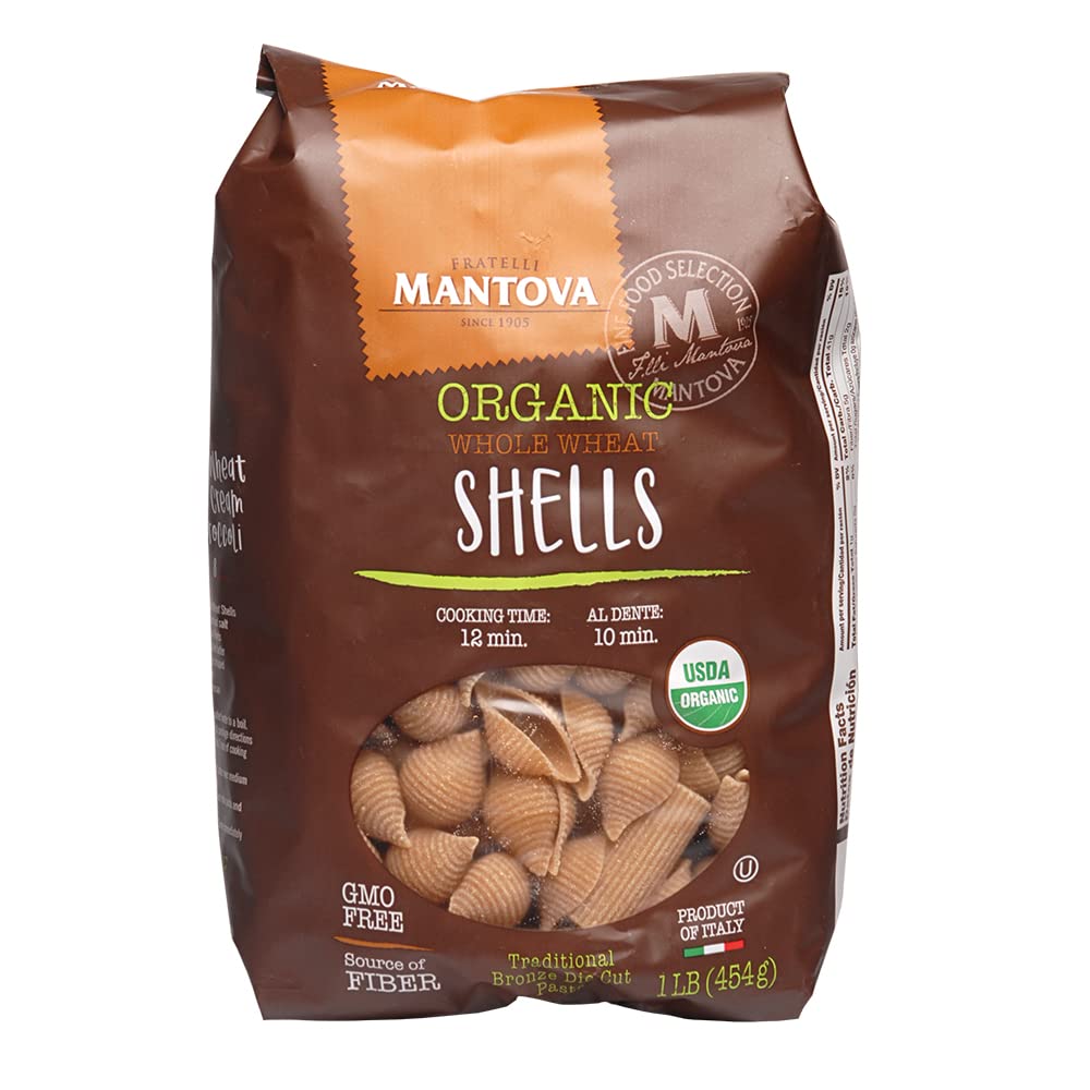 Mantova front packaging showing organic whole wheat shells and Italian origin benefits