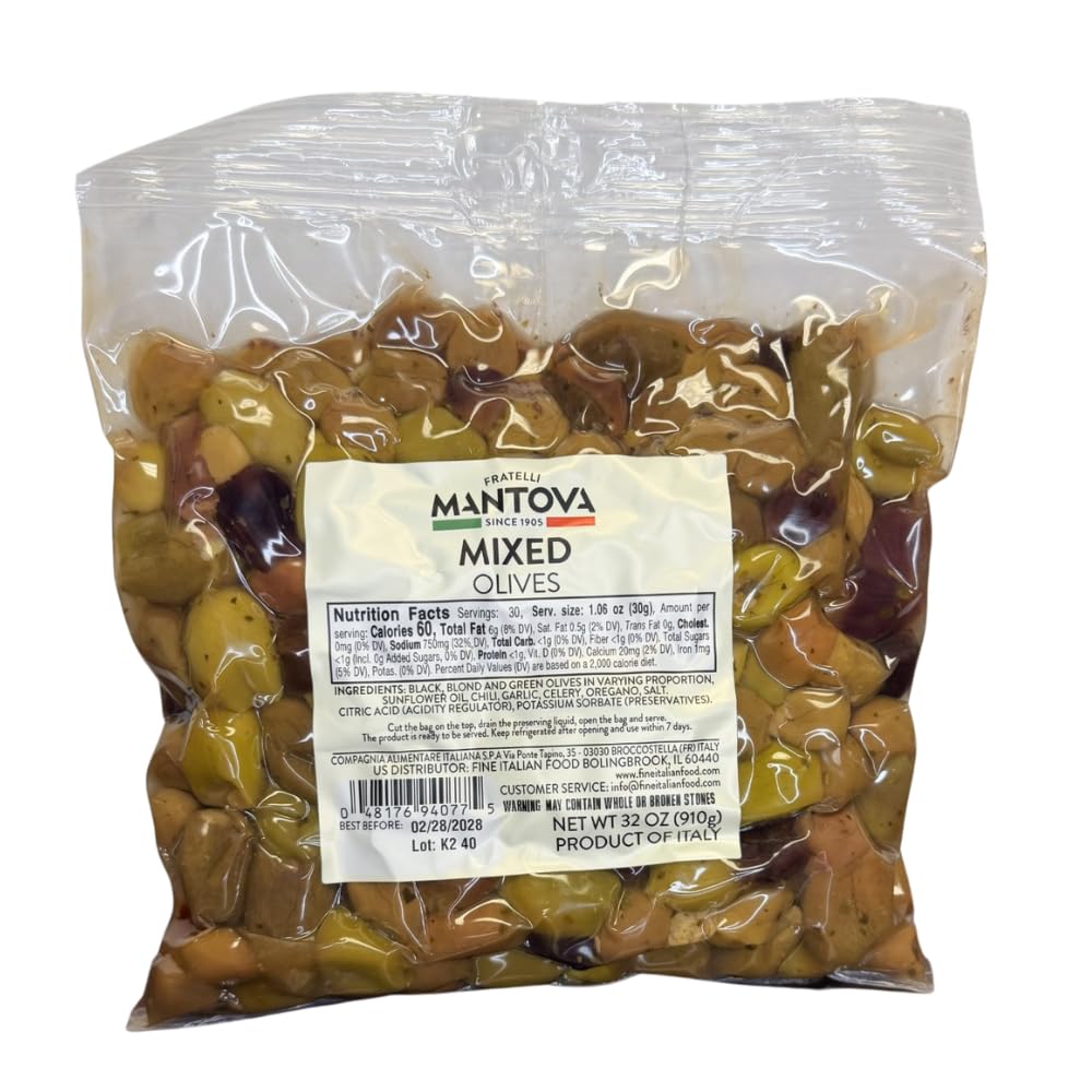 Mantova jar front view showing colorful black blond green olives, convenient pantry staple